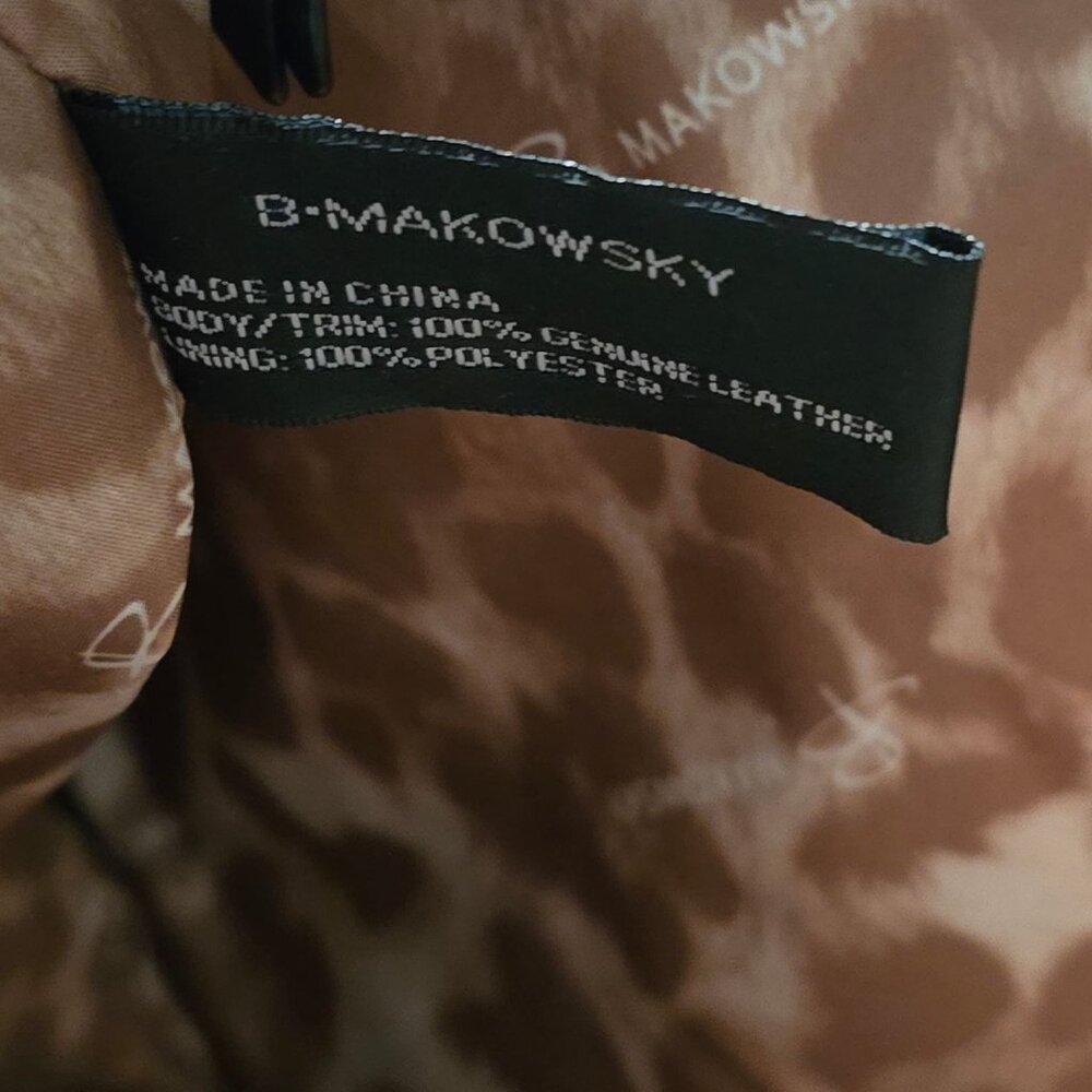 B. Makowsky Black Leather Medium Square Tote Cheetah Satin Liner, EUC - Picture 7 of 7